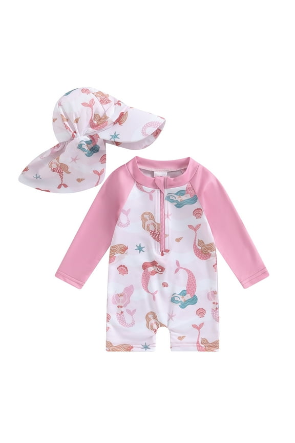 Toddler Baby Girls Rash Guard Swimsuit 3 6 12 18 Months 2T 3T Sea Shell Print Long Sleeve Bathing Suit Wide Brim Sun Hat Beachwear