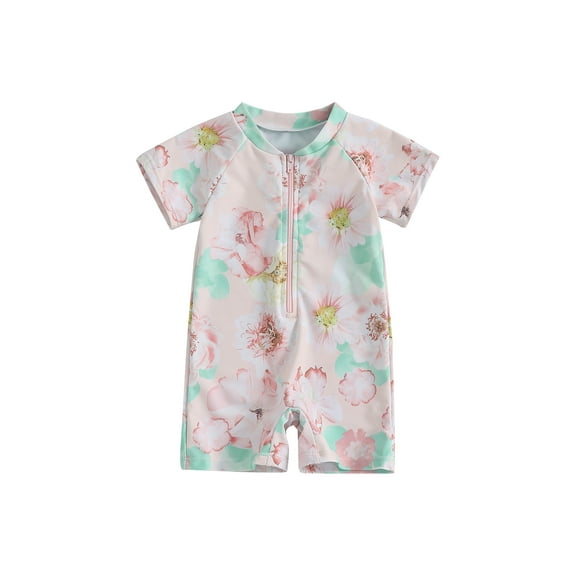 Toddler Baby Girls Rash Guard Swimsuit Playsuits 3 6 12 18 24 Months 2T 3T Short Sleeve Zipper Floral Print Baby Bathing Suit Swimwear