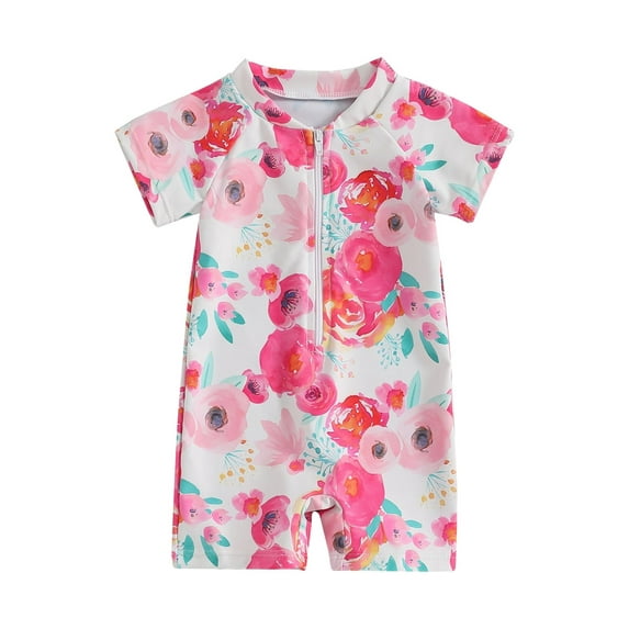 Toddler Baby Girls Rash Guard Swimsuit Playsuits 3 6 12 18 24 Months 2T 3T Short Sleeve Zipper Floral Print Baby Bathing Suit Swimwear