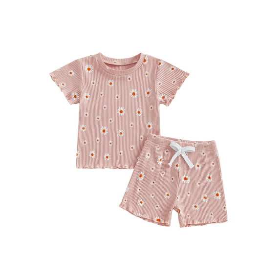 Toddler Baby Girls Ribbed Shorts Clothing Set 6 12 18 24 Months 2T 3T Floral Print Short Sleeve Round Neck Tops Elastic Waistband Shorts Outfits