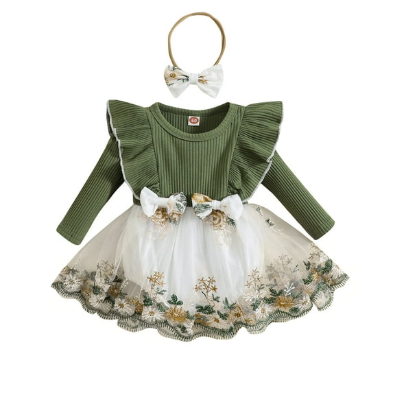 Toddler Baby Girls Romper Dress Outfits 3M 6M 12M 18M 24M Embroidery Long Sleeve Bow Knit Romper and Cute Headband for Toddler Fall Clothes
