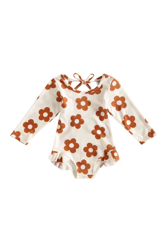 Toddler Baby Girls Rompers Swimwear Infant Girls Long Sleeve Floral Print Bathing Top 3M-3Y