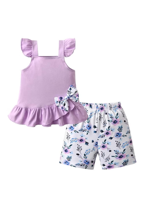 Toddler Baby Girls Ruffle Bow Sleeveless Tops Flower Shorts Summer Outfits (Purple,3-4T)