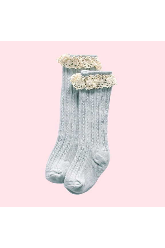 Toddler Baby Girls Ruffle Knee High Socks Solid Color Ribbed Knit Prince Socks Long Leg Warmers Hosiery 1-5Y Light Blue
