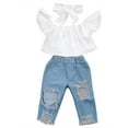 thumbnail image 1 of Toddler Baby Girls Ruffle Off Shoulder Top Ripped Hole Denim Long Pant Jeans Outfit 2Pcs Summer Fall Clothes Set, 1 of 7