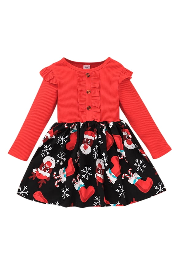 Toddler Baby Girls Ruffles Long Sleeve Christmas Deer Xmas Party Princess Dress Toddler Girl Fall Dress Baby Girls Floral Dress Long Sleeve Clothes Winter Dress for Toddler Girls