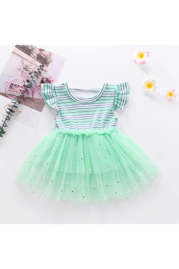 Toddler Baby Girls Ruffles Striped Print Star Tulle Princess Dress Dress For Girl Style Dress