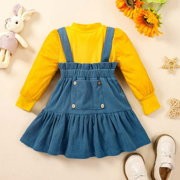 Toddler Baby Girls Sets Fall Winter Cotton Long Sleeve Tops and Suspender Skirt Kids Outfits with Pocket for Gifts,Blue,2 Years