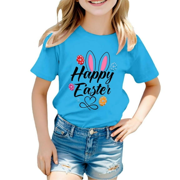 Toddler Baby Girls Shirts Easter Bunny Printed Shirt Short Sleeve Crewneck Pullover Tops Soft and Breathable Summer Tees Kids Clothes Sky Blue 4-5 Years