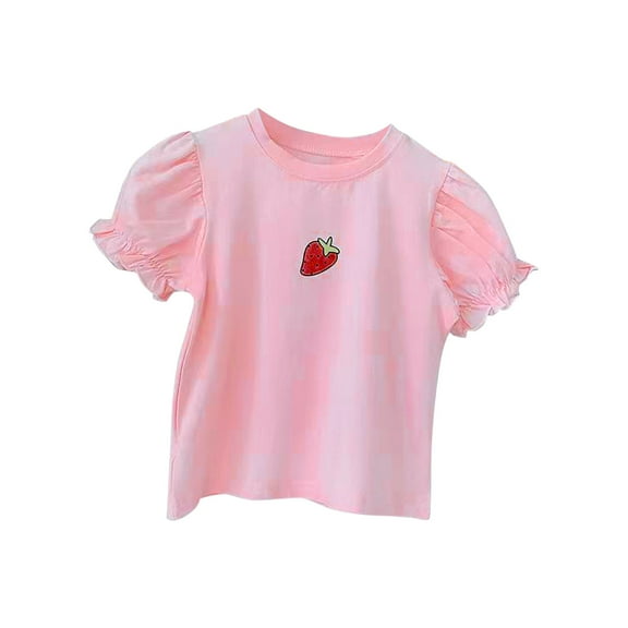 Toddler Baby Girls Shirts Puff Short Sleeve Strawberry Prints T-Shirt for Kids Soft Cotton Tees Clothes Summer Tops