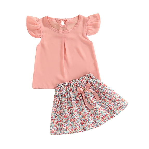 Toddler Baby Girls Skirt Outfits Fly Sleeve Chiffon Blouse Shirts Floral Mini Skirt 2Pcs Summer Clothes Set