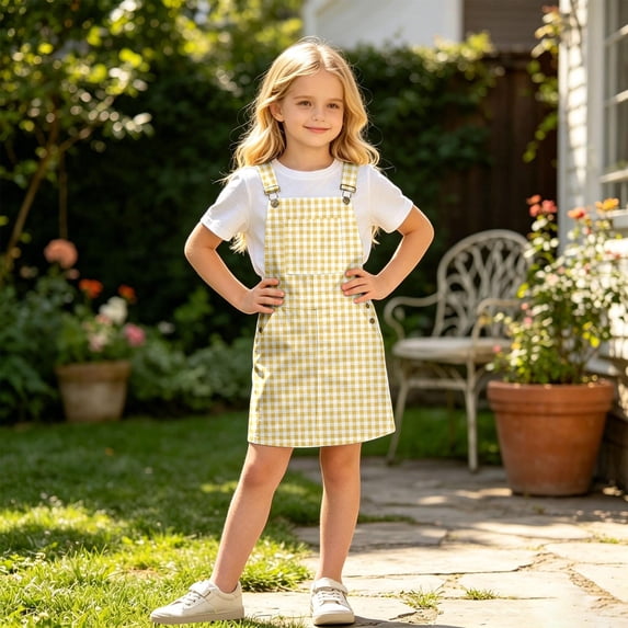 Toddler Baby Girls Sleeveless Square Neck Gingham Check Pinafore A-Line Mini Dress for Summer School Campus Casual Wear 4-5 Years