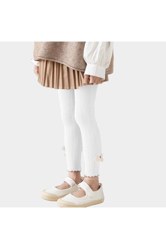 Toddler Baby Girls Soft Cotton Pants Cable Knit Ankle Leggings with Bowknot Winter Footless Stocking Tights New Girls Uniform Pants White 1-3 Years