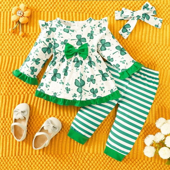 Toddler Baby Girls St. Day Outfits Ruffle Long Sleeve Top Dress +Print Pants+Scarf 3Pcs Clothes