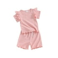 thumbnail image 1 of Toddler Baby Girls Summer 2 Piece Outfit Solid Color Ribbed Ruffle Short Sleeve T-Shirt and Elastic Shorts Set, 1 of 8