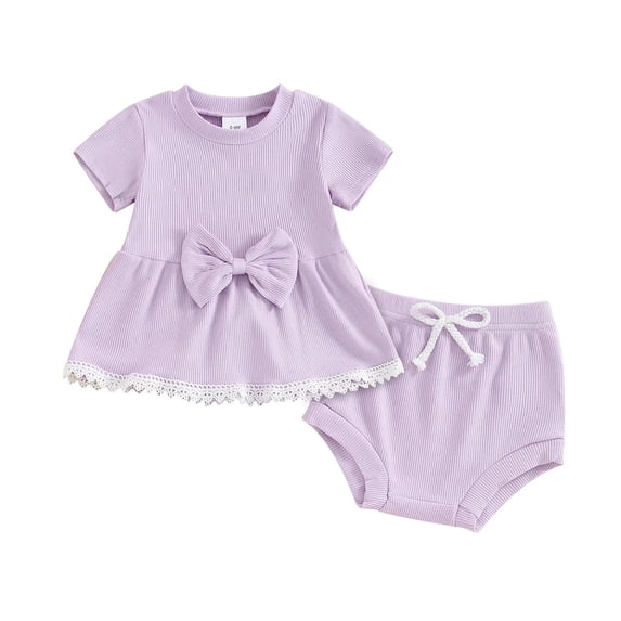 Toddler Baby Girls Summer Clothes Short Sleeve Pull On T-shirt & Drawstring Shorts Plaid 2Pcs Outfits Set Girls Summer Set 0-24 Months,12-18 Months