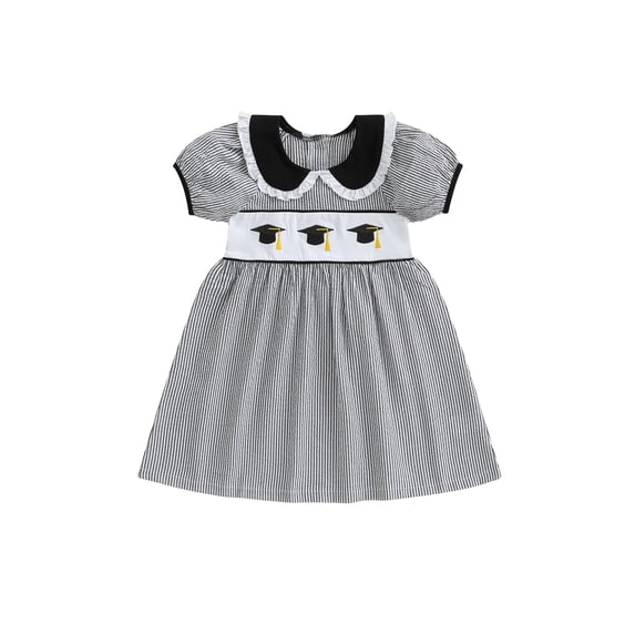 Toddler Baby Girls Summer Dress Graduation Cap Pattern Striped Print Doll Collar Short Sleeve Smocked Dress Cute Graduation Clothes