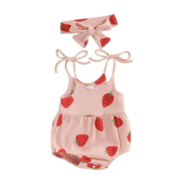 Toddler Baby Girls Summer Jumpsuit Strawberry Print Spaghetti Strap Romper and Headband Set Clothes Outfits