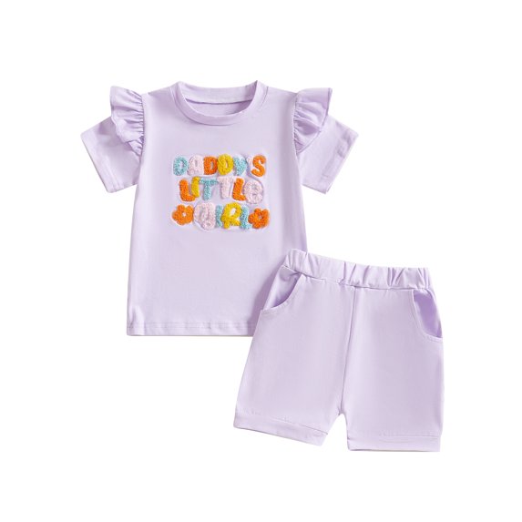 Toddler Baby Girls Summer Outfit 6 12 18 24 Months 2T 3T Colorful Letter Embroidery Ruffles Short Sleeve T-Shirt and Elastic Shorts Set Cute Clothes