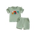 thumbnail image 1 of Toddler Baby Girls Summer Outfit 6 12 18 24 Months 2T 3T Colorful Letter Embroidery Ruffles Short Sleeve T-Shirt and Elastic Shorts Set Cute Clothes, 1 of 9
