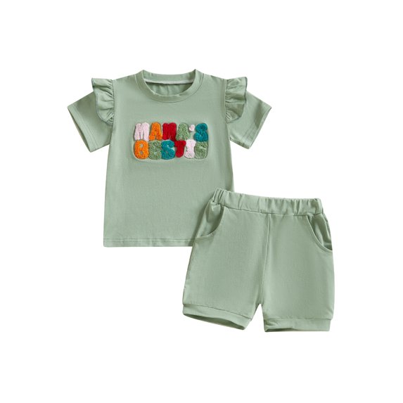 Toddler Baby Girls Summer Outfit 6 12 18 24 Months 2T 3T Colorful Letter Embroidery Ruffles Short Sleeve T-Shirt and Elastic Shorts Set Cute Clothes