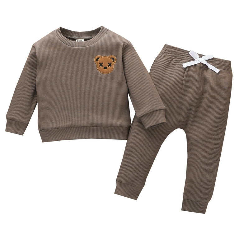 Child Daily Sports Clothing Casual Boy Girl Outfits Baby Girls Boys Winter  Ribbed Long Sleeve Bear Prints Shirt Tops Pants 2Pcs Outfits Clothes Set 
