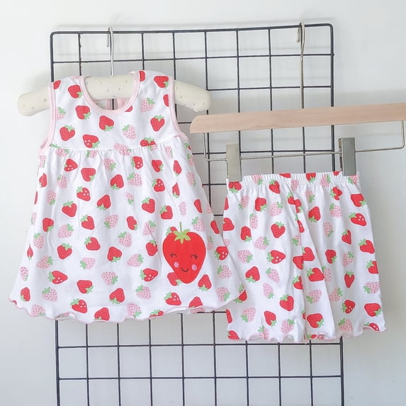Toddler Baby Girls Summer Outfits Comfy Strawberry Printed Casual Cotton Sleeveless Round Neck Lace Tank Tops + Shorts Boys Girls 2 Pieces Set Multicolor 1-2 Years
