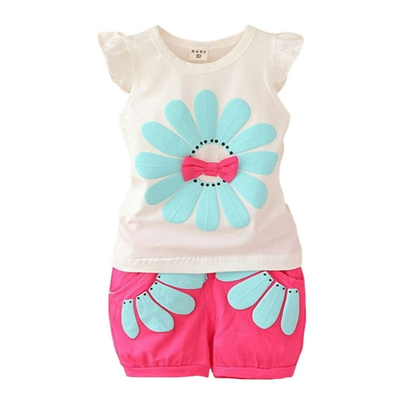 Toddler Baby Girls Summer Outfits Daisy Ruffle Short Sleeve T-Shirts Tops Floral Shorts 2Pcs Clothes Set Girls Summer Set 1-4 Years,18-24 Months