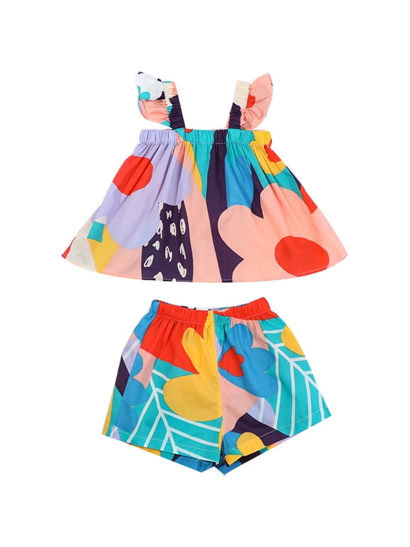 Toddler Baby Girls Summer Outfits Kids Girls Patchwork Cotton Sleeveless Tops Shorts Set Clothes For 3-4 Years