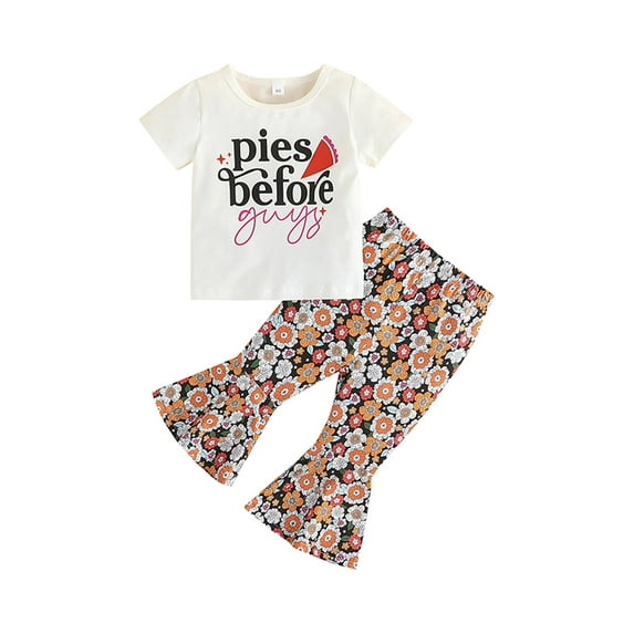 Toddler Baby Girls Summer Outfits Letter Print Crew Neck Short Sleeve T-Shirts Flower Print Flare Pants Set
