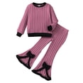 thumbnail image 1 of Toddler Baby Girls Summer Outfits Ribbed Long Sleeve Round Neck Top With Flared Bowknot Pants Casual 2 Piece Fall Outfits Size 3-4T, 1 of 7