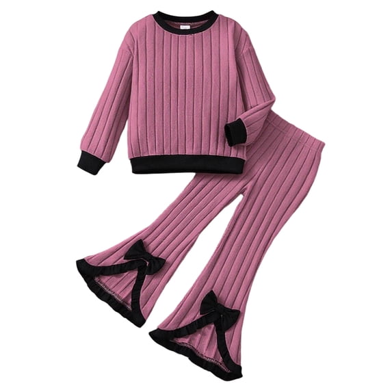 Toddler Baby Girls Summer Outfits Ribbed Long Sleeve Round Neck Top With Flared Bowknot Pants Casual 2 Piece Fall Outfits Size 3-4T