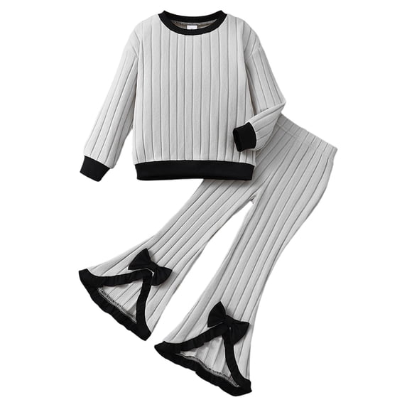 Toddler Baby Girls Summer Outfits Ribbed Long Sleeve Round Neck Top With Flared Bowknot Pants Casual 2 Piece Fall Outfits Size 3-4T