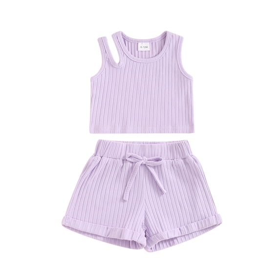 Toddler Baby Girls Summer Outfits Ribbed One Shoulder Double Straps Sleeveless Tank Tops and Bow Drawstring Shorts Set