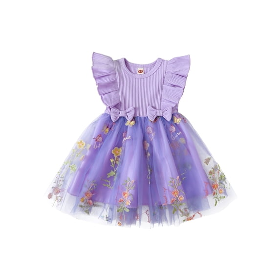 Toddler Baby Girls Summer Princess Mesh Dress Kids Flower Embroidery Fly Sleeve Bowknot Tulle Tutu Dress Birthday Party Dresses