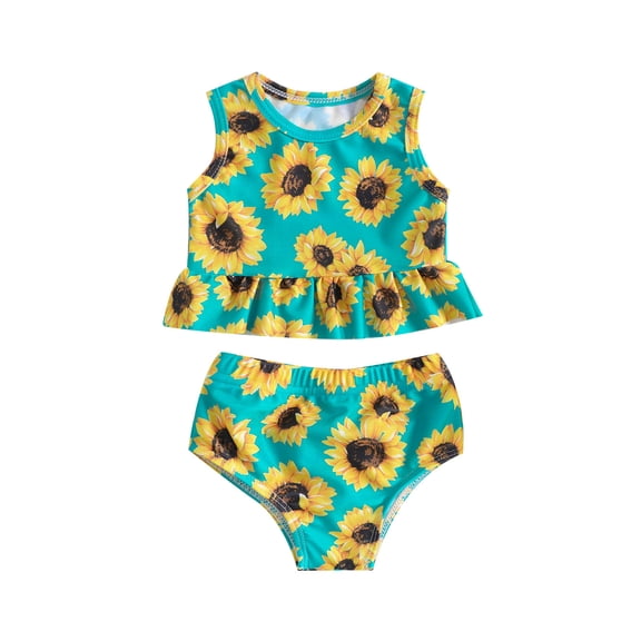 Toddler Baby Girls Sunflower Print One Piece Swimsuit, Ruffle Sleeveless Bathing Suit
