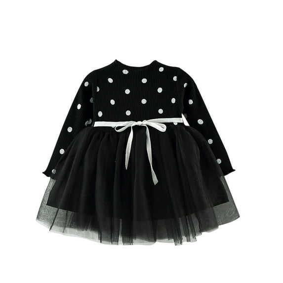 Toddler Baby Girls Sweater Tulle Dress Long Sleeve Crew Neck Dots Knitted Dress Mesh Patchwork Winter Fall Clothes (1 Years, Black)