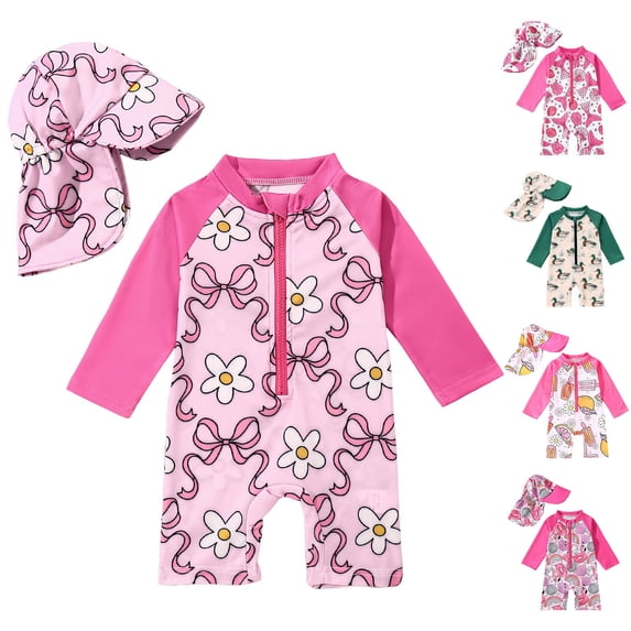 Toddler Baby Girls Swimsuit One-Piece Zipper Swimwear UPF 50+ Sun Protection Bathing Suit Kids Swimsuits Long Sleeve