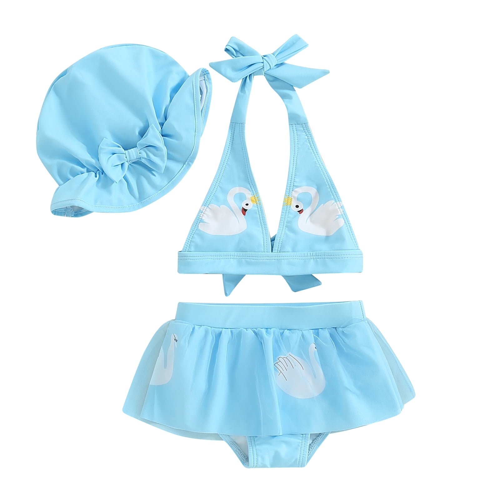 Toddler Baby Girls Swimsuits 3Pcs Bikinis Set Swan Print Tops + Shorts