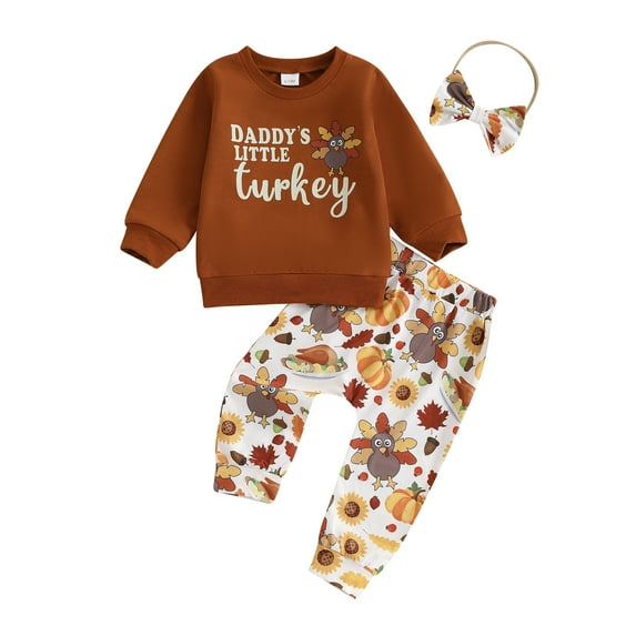 Toddler Baby Girls Thanksgiving Clothing Set 3 6 12 18 24 Months 2T 3T Turkey Print Long Sleeve Round Neck Sweatshirt Long Pants Fall Outfits