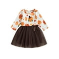 thumbnail image 1 of Toddler Baby Girls Thanksgiving Day Dress, PumpkinTurkey Print Tulle Patchwork Long Sleeve A-Line Dress with Bowknot, 1 of 7