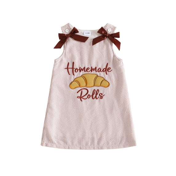 Toddler Baby Girls Thanksgiving Outfit Sleeveless Turkey/Rolls Embroidery Tank Dress Bowknot A-line Striped Dress Cute Fall Clothes