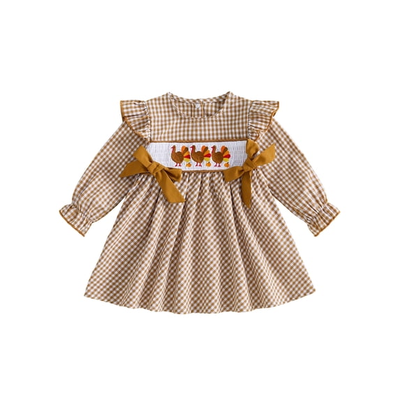 Toddler Baby Girls Thanksgiving Outfit Turkey Bow Ruffle Smocked Dress Long Sleeve Plaid A-line Dress Fall Clothes 6M-5T