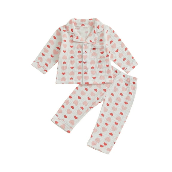 Toddler Baby Girls Valentine Pajamas Set Heart Print Long Sleeve Button Shirt Pants Soft Sleepwear Cotton Loungwear 1-5T