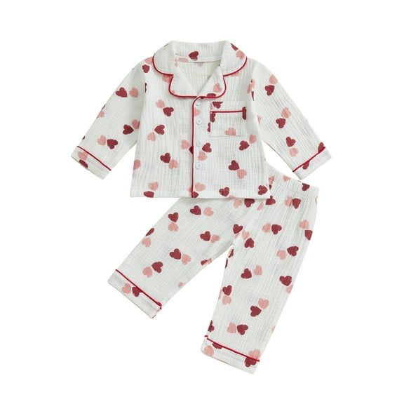 Toddler Baby Girls Valentine Pajamas Set Heart Print Long Sleeve Button Shirt Pants Soft Sleepwear Cotton Loungwear 1-5T