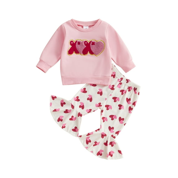 Toddler Baby Girls Valentine's Day Clothing Sets 3 6 12 18 24 Months 2T 3T Letter Embroidered Long Sleeve Sweatshirt Heart Print Flare Pants 2-Piece Outfits