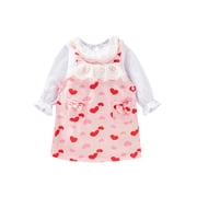 Toddler Baby Girls Valentine 's Day Outfits, Long Sleeve Doll Collar Tops + Heart Print Overall Dress Set