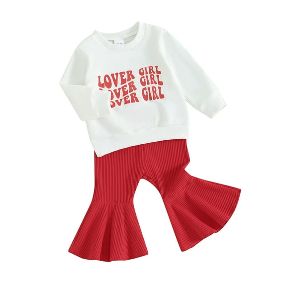 Toddler Baby Girls Valentines Day Outfits Long Sleeve Letter Sweatshirt + Ribbed Flare Pants Set