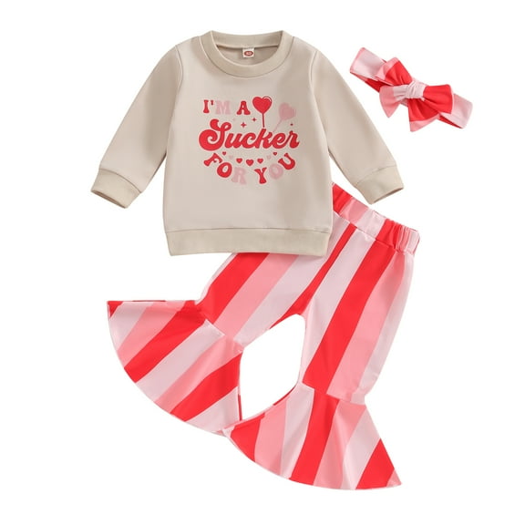 Toddler Baby Girls Valentine's Day Sets 6M 12M 18M 24M 3Y 4Y Long Sleeve Heart Letter Print Sweatshirt Striped Flared Pants Headband Sets