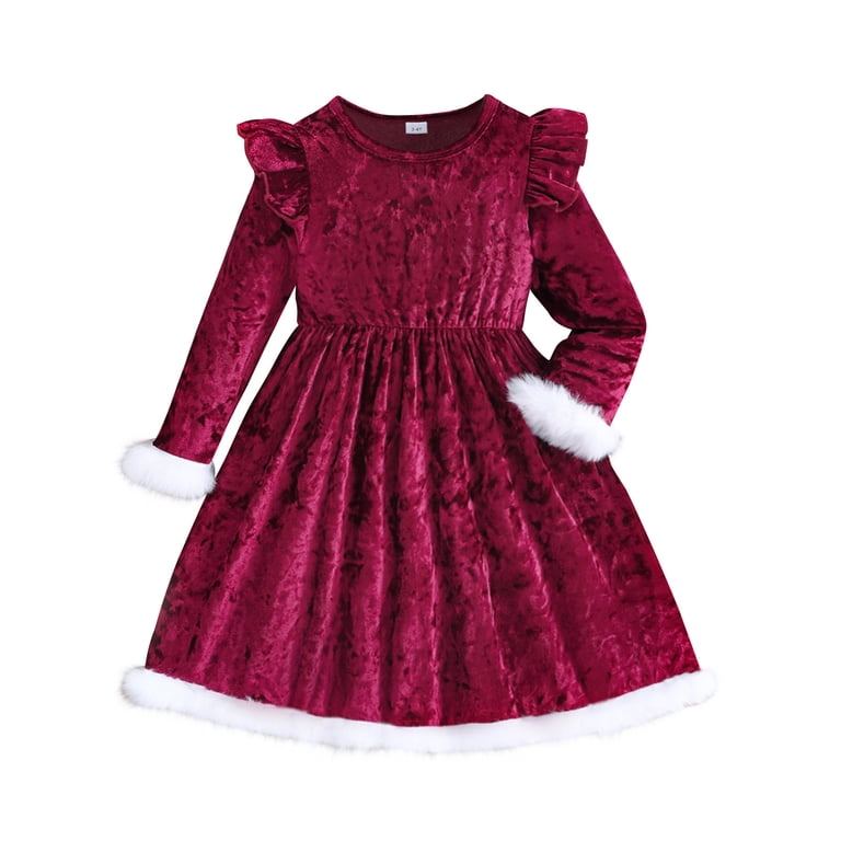 toddler burgundy velvet dress Baby Girls Christmas Tunic Long Sleeve Dress Fur Trim Twirly Vintage Elegant Formal Gown, Red, 7 Years Anselm Polka Dot Ruffle ensuring your child shines category: Womens/Sale/Clothing Color:Cement Shantung